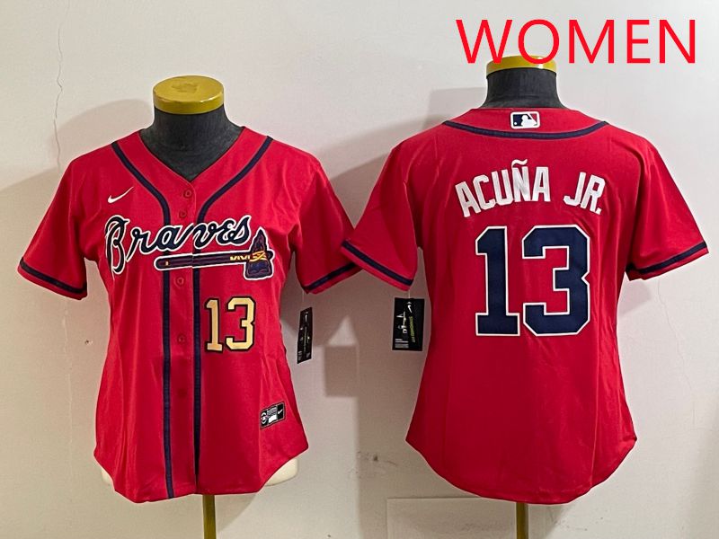 Women Atlanta Braves #13 Acuna jr Red Game 2025 Nike MLB Jersey style 5->women mlb jersey->Women Jersey